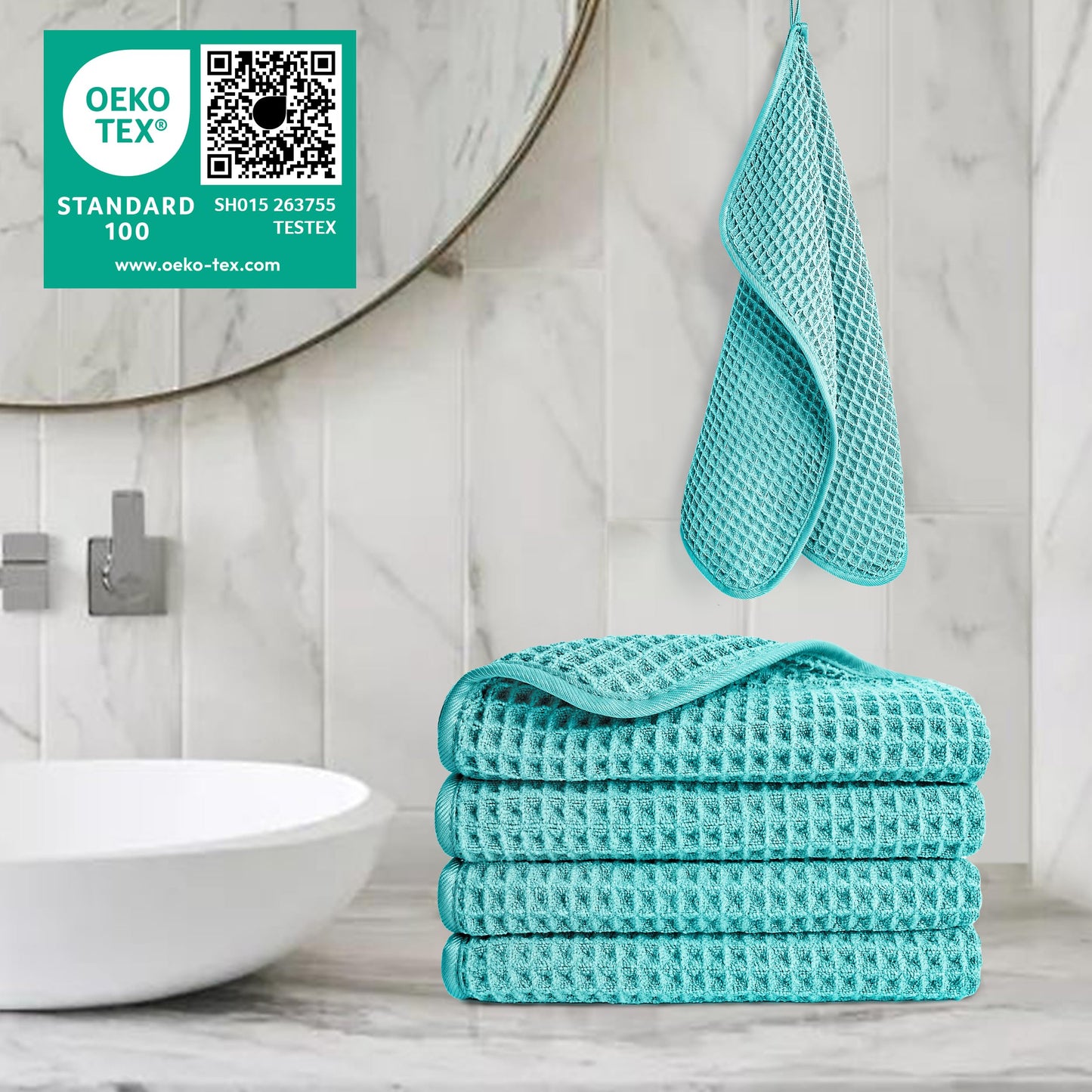 POLYTE 430 GSM Microfiber Lint Free Washcloth Face Towel, 13 x 13 in, 4 Pack (Waffle Weave)