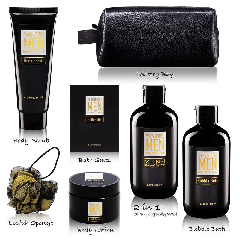 YARD HOUSE Spa Gift Basket Set for Men - Sandalwood Amber | 7-Piece Full Size Kit in Toiletry Bag - Perfect Father's Day Gift
