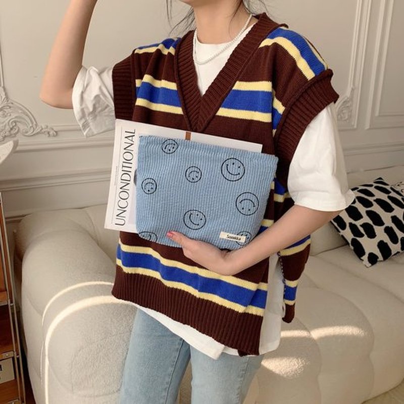 Cosmetic Bags for Women - Corduroy Cosmetic Bag Aesthetic Women Handbags Purses Smile Dots Makeup Organizer Storage Makeup Bag Girls Case Bags (Blue)