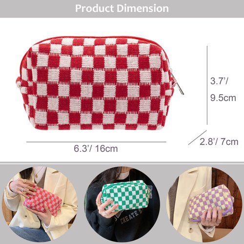 PAZIMIIK Checkered Makeup Bag for Purse Portable Zipper Make Up Pouch Small Cosmetic Case for Travel Accessories (Red)