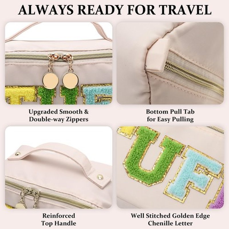LONEDREAM Stoney Clover Preppy Makeup Bag, Large Capacity Travel Cosmetic Bag, Chenille Letter Open Flat Nylon Stuff Makeup Bag, Preppy Patch Better Belt Everything Makeup Bag(White)