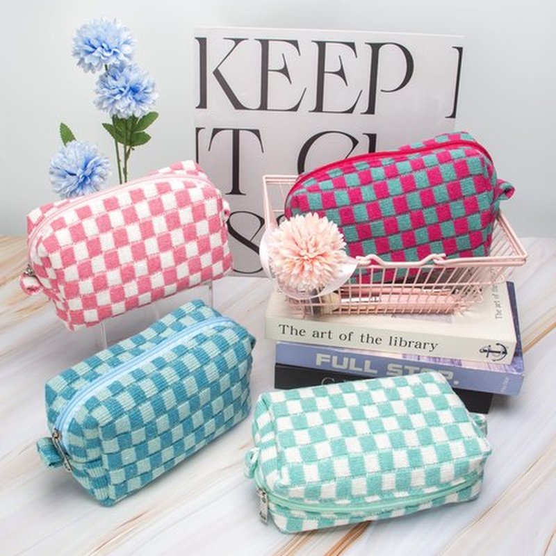 PAZIMIIK Checkered Makeup Bag for Purse Portable Zipper Make Up Pouch Small Cosmetic Case for Travel Accessories Arctic Blue