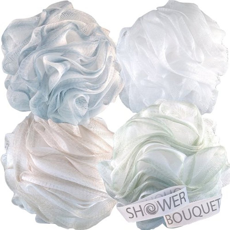SHOWER BOUQUET Loofah-Bath-Sponge XL-75g-Soft-Set 4-Pack-Pastel-Colors - Extra-Large Mesh Pouf Scrubber for Men and Women - Exfoliate with Big Lathering Cleanse
