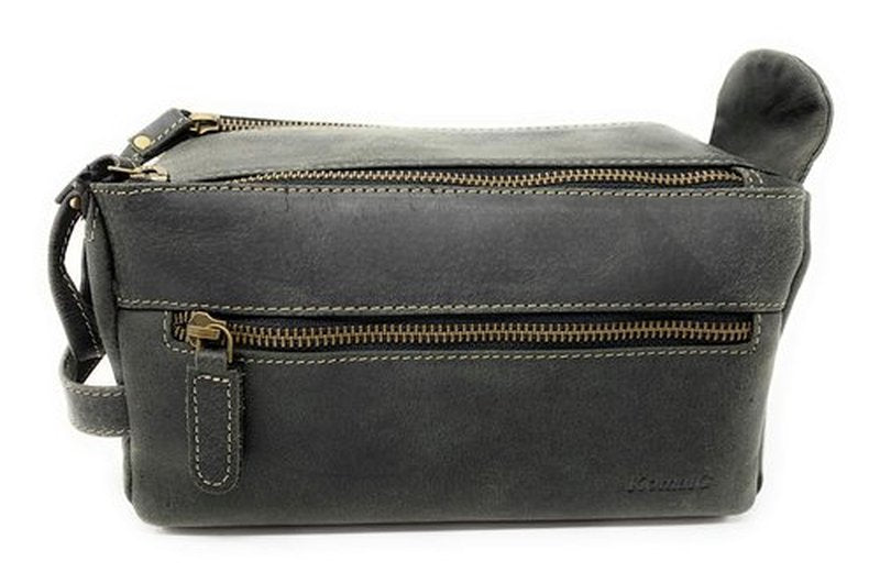 KOMALC Premium Buffalo Leather Unisex Toiletry Bag Travel Dopp Kit (Charcoal Black)