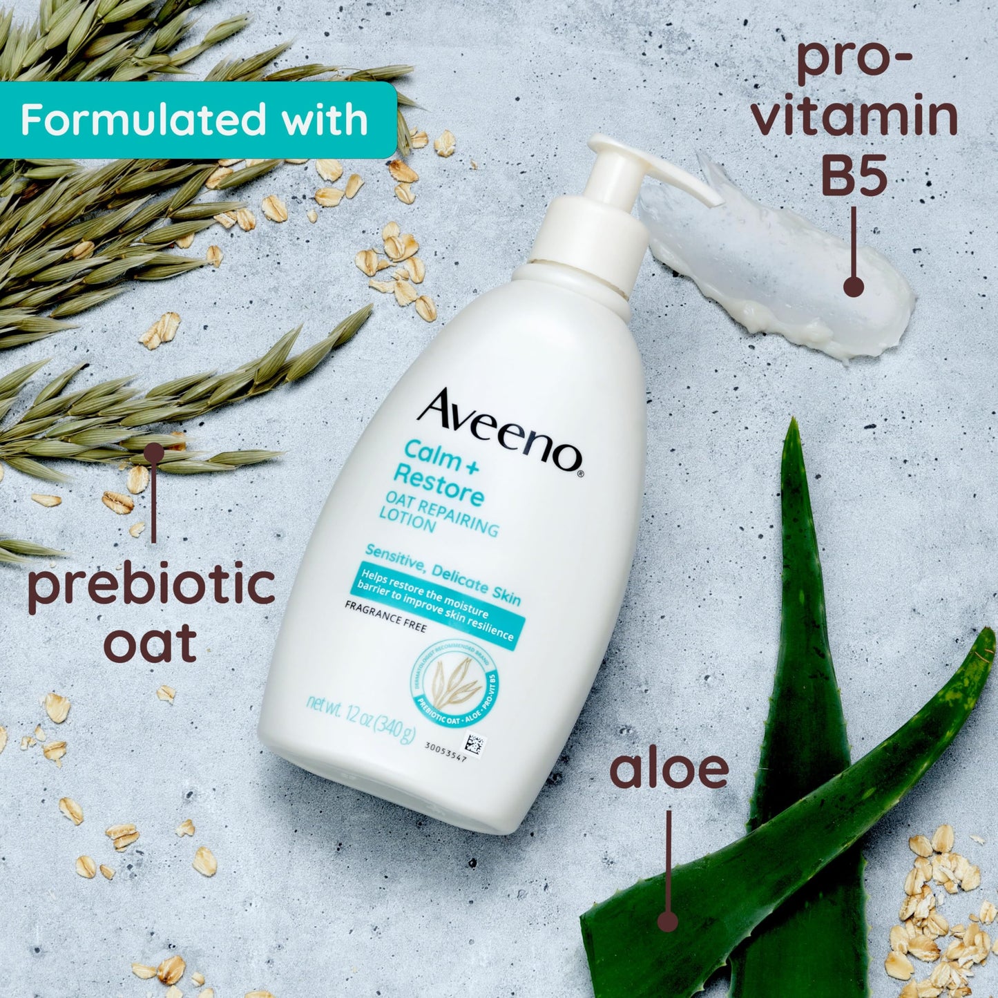 Aveeno Calm + Restore Oat Repairing Body Lotion for Sensitive Skin,Daily Moisturizer with Prebiotic Oat,Aloe & Pro-Vitamin B5,Fragrance Free Body Lotion Helps Heal Dry Skin,12 oz,(Pack of 12)
