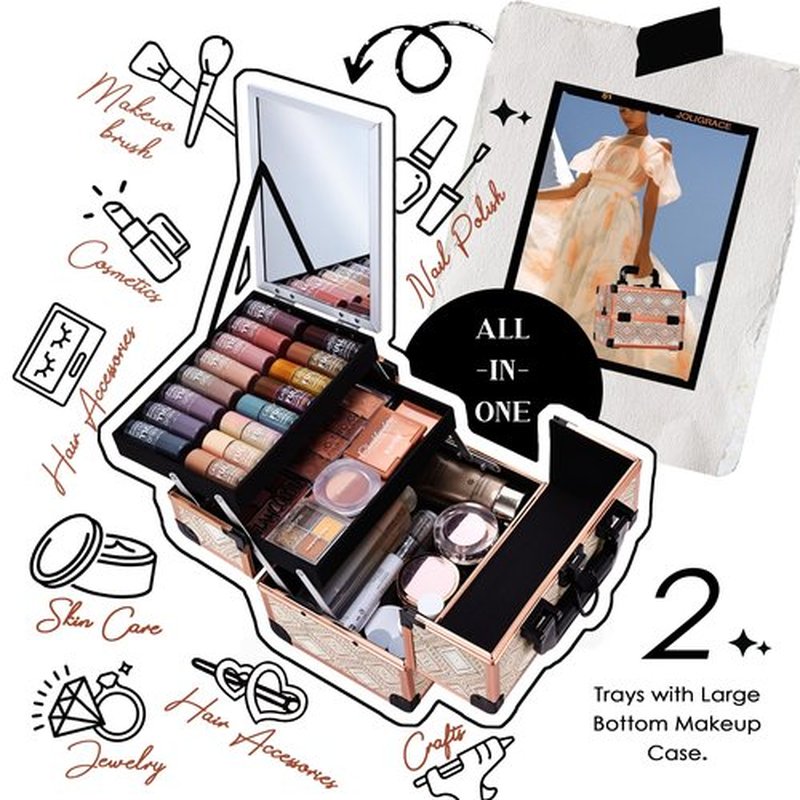 Joligrace Bohemian Makeup Train Case Portable Travel Cosmetic Box with Mirror 2 Trays Makeup Organizer Case for Cosmetics Supplies Nail Tech Toiletry Kits Traveling Makeup Storage