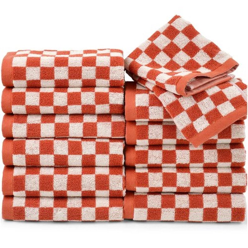 Super Soft Wash Cloths(Orange Checkered), 12 Pack Washcloths Facecloth, Cotton Face Towels Set for Body Showering 13x13 Inches, Gifts