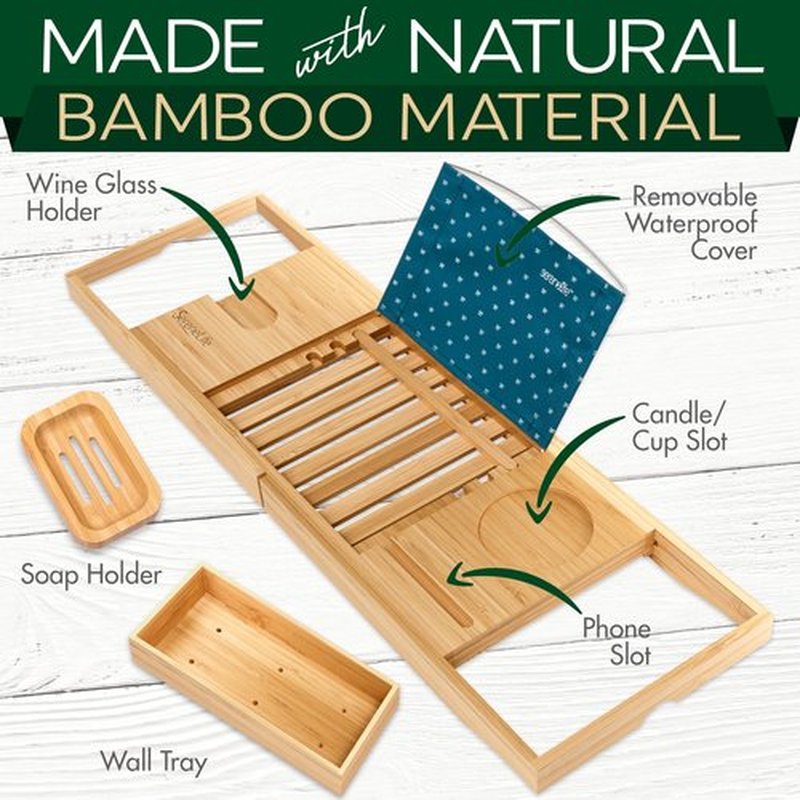 SereneLife Bathtub Tray - Expandable Bath Tray for Tub, Adjustable Bamboo Caddy with with Non-Slip Handles, Device Holder and Wine Glass Slot for Bathing Luxury (Standard, Soft Back, Gift Set)