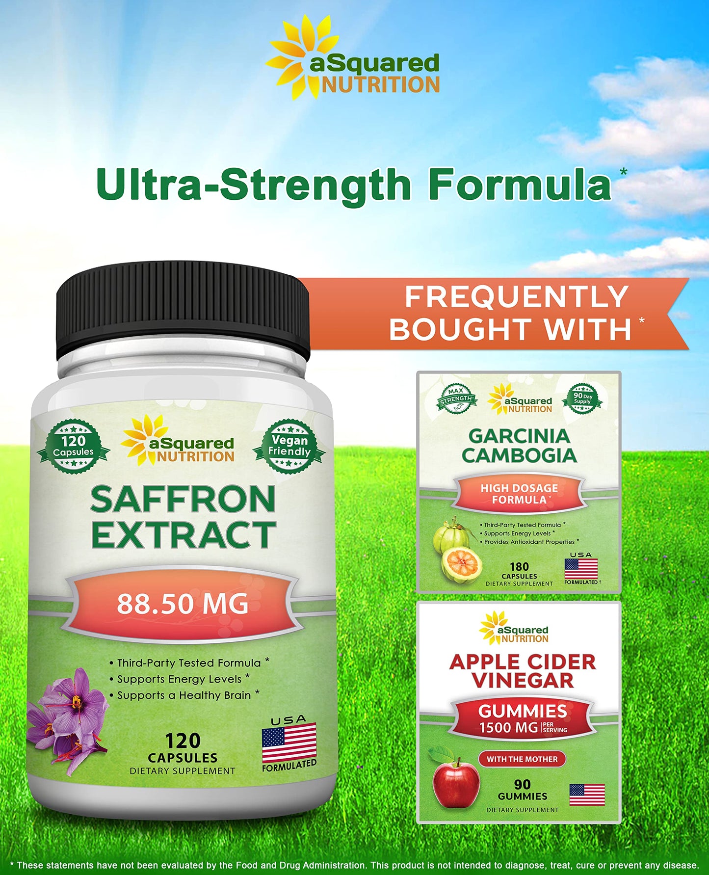 aSquared Nutrition Saffron Supplements - 120 Capsules - Saffron Extract Supplement Pills for Energy, Focus and Mood - Pure Saffron Alternative to Powder, Tea, Threads & Gummies