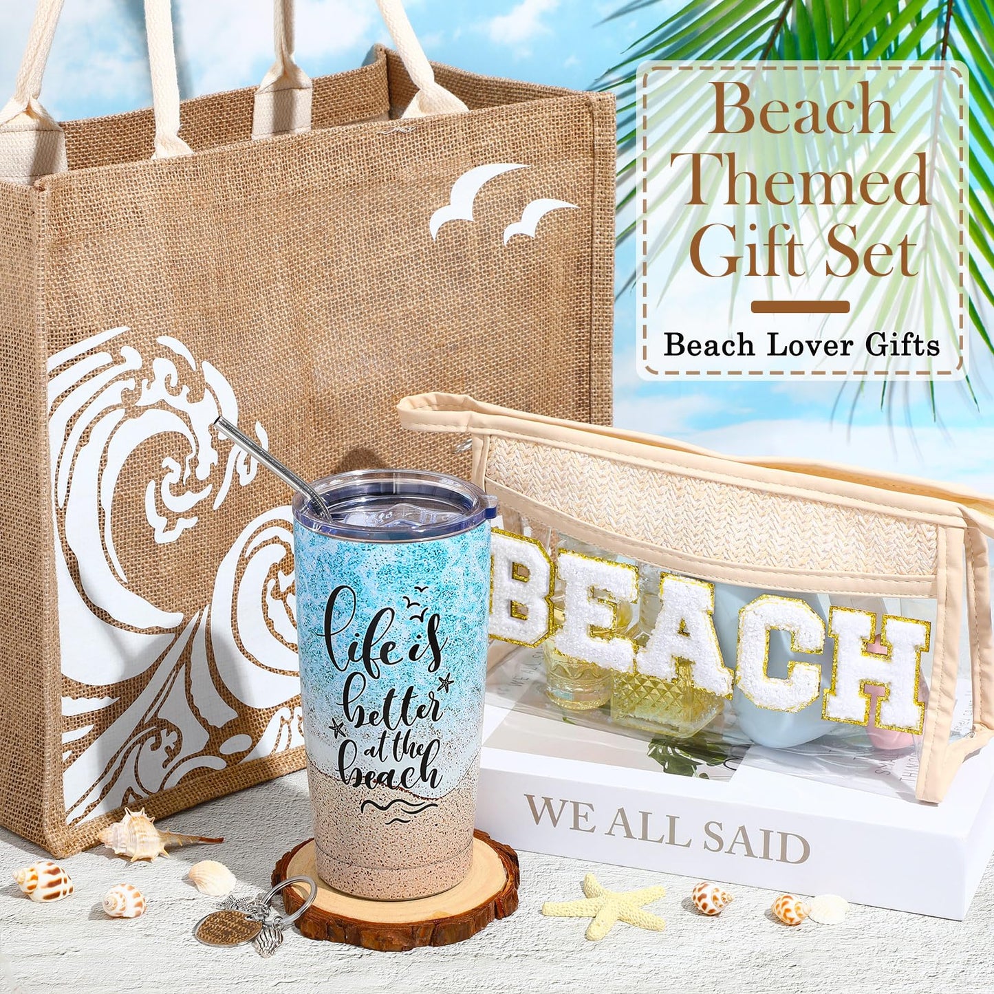 Yiyiring 6 Pcs Beach Gifts for Women Set Beach Theme Gift Set Burlap Tote Bags Cosmetic Bag 20 oz Tumbler Keychain for Birthday Holiday Travel Wedding Bridal Shower Bride Bridesmaid Honeymoon(Classic)