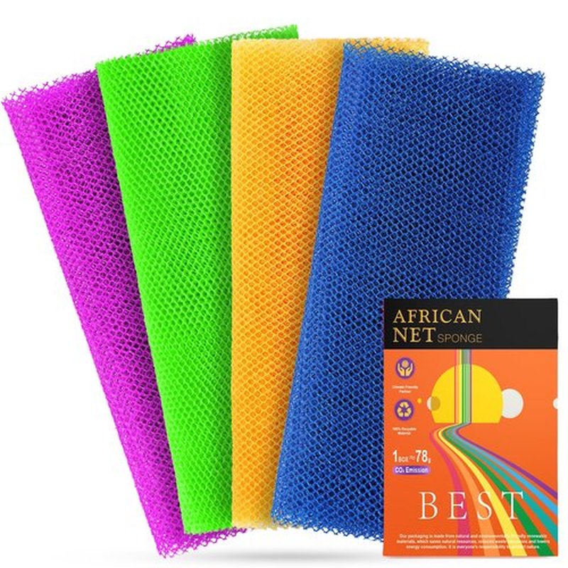 RIUOTA 4 African Net Sponge Mesh Long Mesh Bath Sponges - Exfoliates and Refreshes Skin for a Silky Smooth Shower Experience (Blue, Orange, Green, Purple)