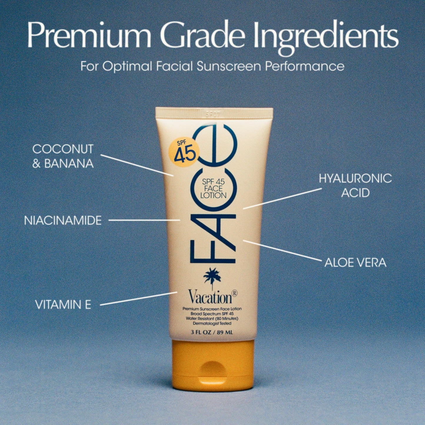 Vacation Classic Face Sunscreen Lotion SPF 45, 3 Fluid Ounces - Sunscreen for Face, Lightweight, Daily Use, Transparent on All Skin Tones, Water-Resistant, Dermatologist-Tested, Vegan