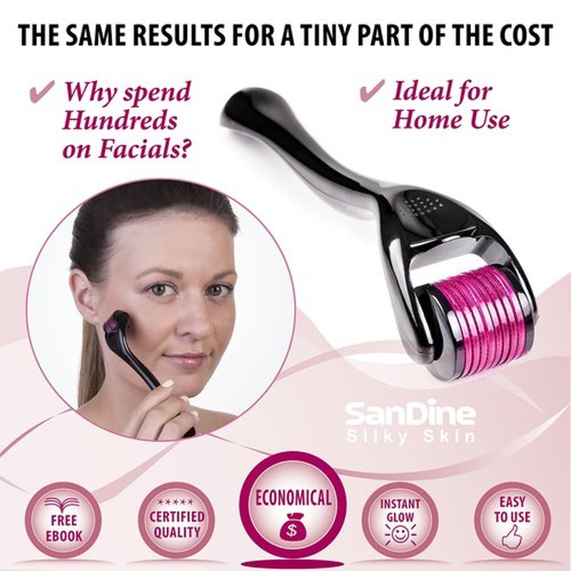 Microneedle Skin Roller - 540 Micro Needle Skin Care System - Ideal to Keep Your Skin Young and Radiant - Titanium for Silky Smooth and Beautiful Skin - Includes FREE E-Book - By Sandine (0.25mm)
