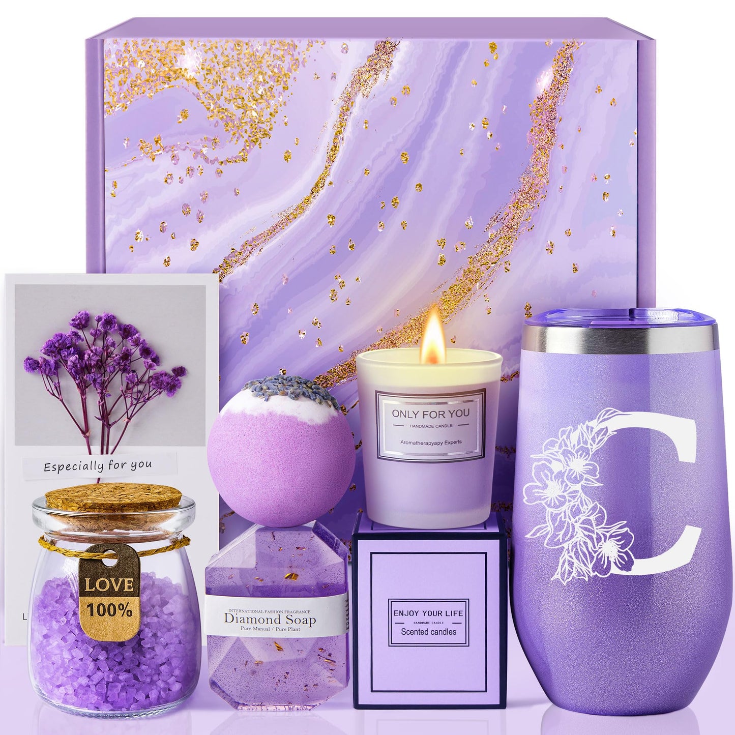 Personalized Gifts for Women, Mom, Wife, Girlfriend, Sister, Friends Her - Customized Birthday, Christmas, Valentine's Day, Mothers Day Gifts, Wedding Gift Unique - Lavender Spa Gift Basket