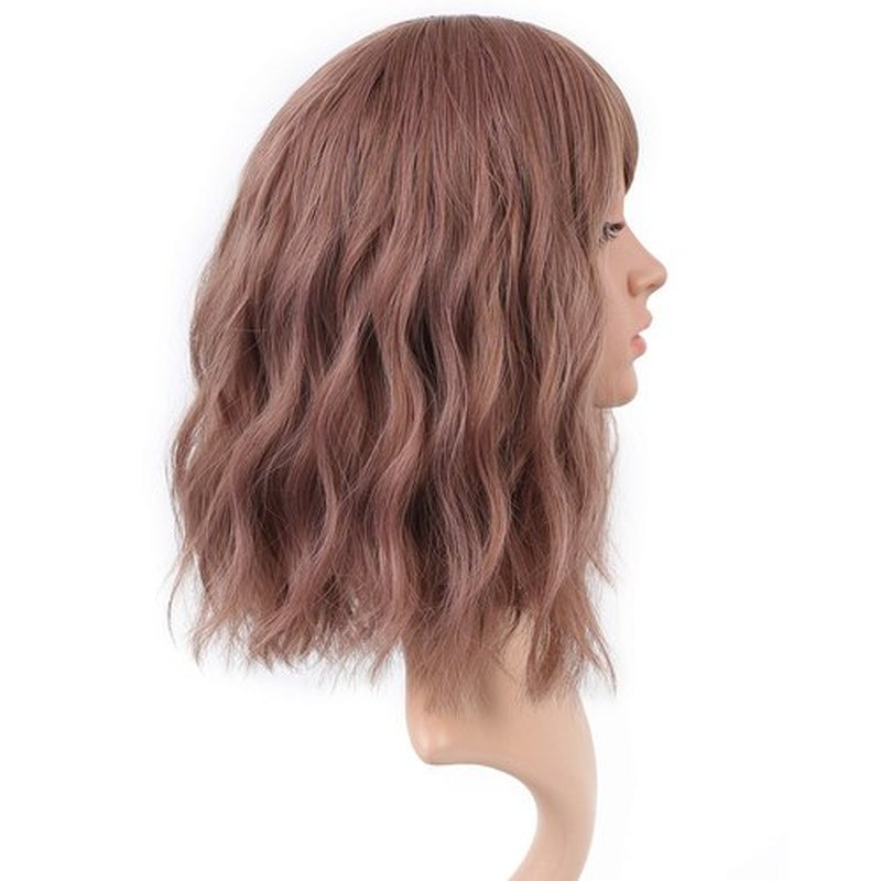 VCKOVCKO Rattan Short Natural Wavy Wig With Air Bangs Shoulder Length Curly Cosplay Synthetic Wig Bob Wig for Girl and Women's Colorful Wigs(12",Rattan-B)