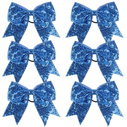 Metallic Holographic 8 Inch Jumbo Cheerleader Hair Bow with Hair Tie for School (Sky Blue Sequin)