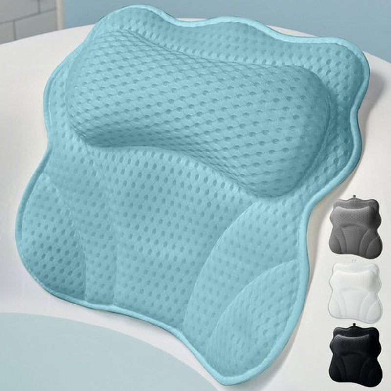 WONDERfoam Thick Padded Ergonomic Bath Pillow for Tub, Support for Head Neck and Back, Slip-Resistant, Machine Washable Breathable Quick Dry Mesh Bathtub Headrest Pillows, Rest Accessories, Spa Blue