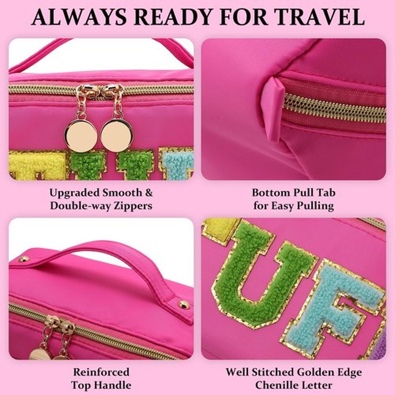 LONEDREAM Stoney Clover Preppy Makeup Bag, Large Capacity Travel Cosmetic Bag, Chenille Letter Open Flat Nylon Stuff, Preppy Patch Better Belt Everything Makeup Bag, Rose Red