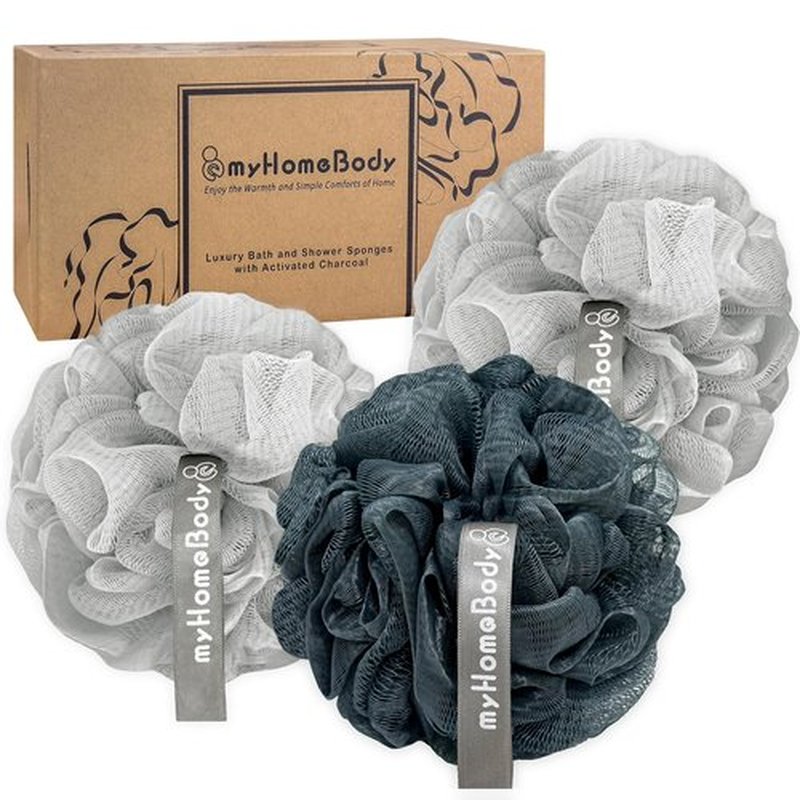 myHomeBody 60g Loofah Sponge, Body Scrubber, Bath Sponge, Loofah for Women, Men, Exfoliating Sponge Shower Pouf with Activated Charcoal - 2 Fog Gray + 1 Midnight Blue, 3 Pack