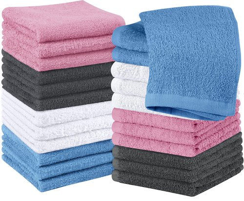 Utopia Towels 24 Pack Cotton Washcloths - 100% Ring Spun Cotton, Premium Quality Flannel Face Cloths, Highly Absorbent and Soft Feel Fingertip Towels (White, Grey, Electric Blue, Pink)