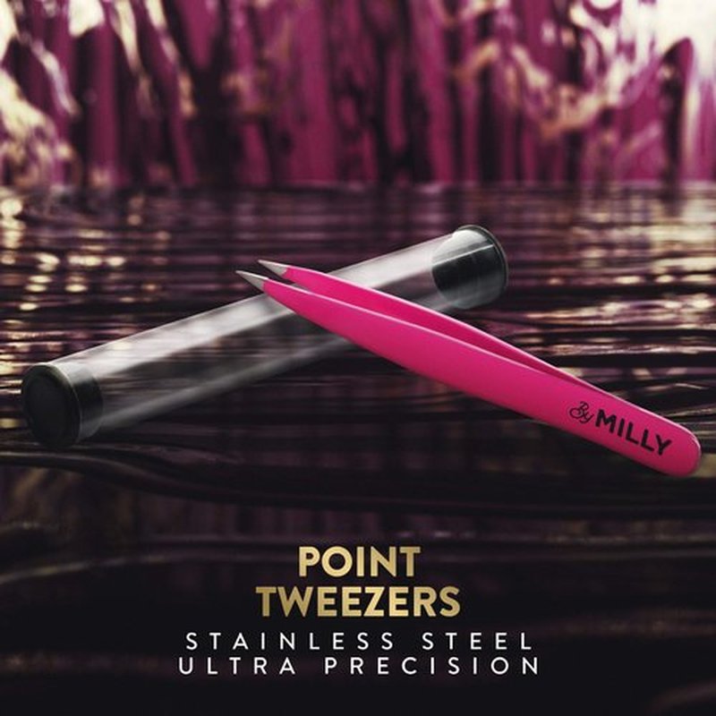 By MILLY Pointed Tweezers | High Carbon Stainless Steel Needle Nose Tweezers | Fine Point Tweezers Precision Hair Removal | Perfectly Aligned & Hand-Filed Sharp Tweezers | Pink
