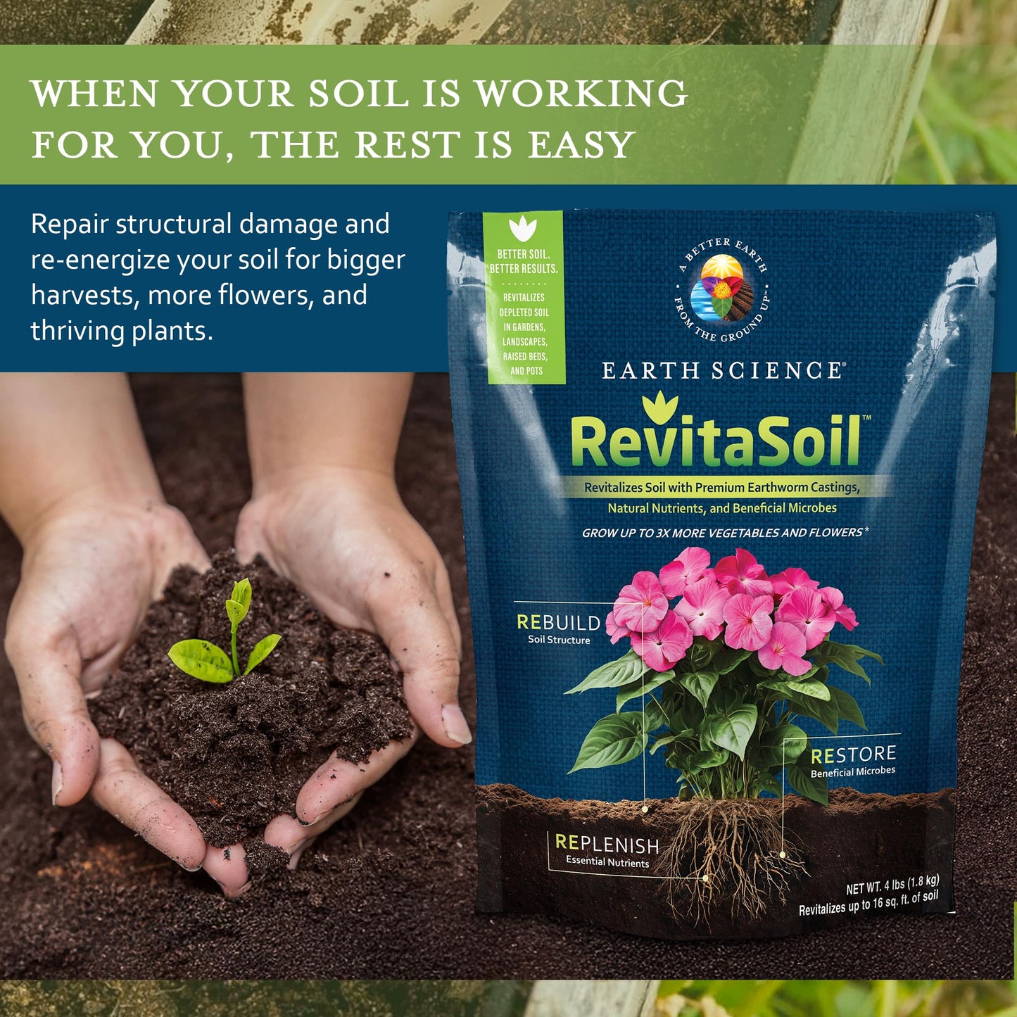 Earth Science RevitaSoil, 4lb, Up to 16 Sq. Ft. - Premium Organic Soil Revitalizer - Natural Nutrients & Earthworm Castings, Grow Up to 3X More, Indoor & Outdoor Plants, Vegetables, Flowers, Gardens