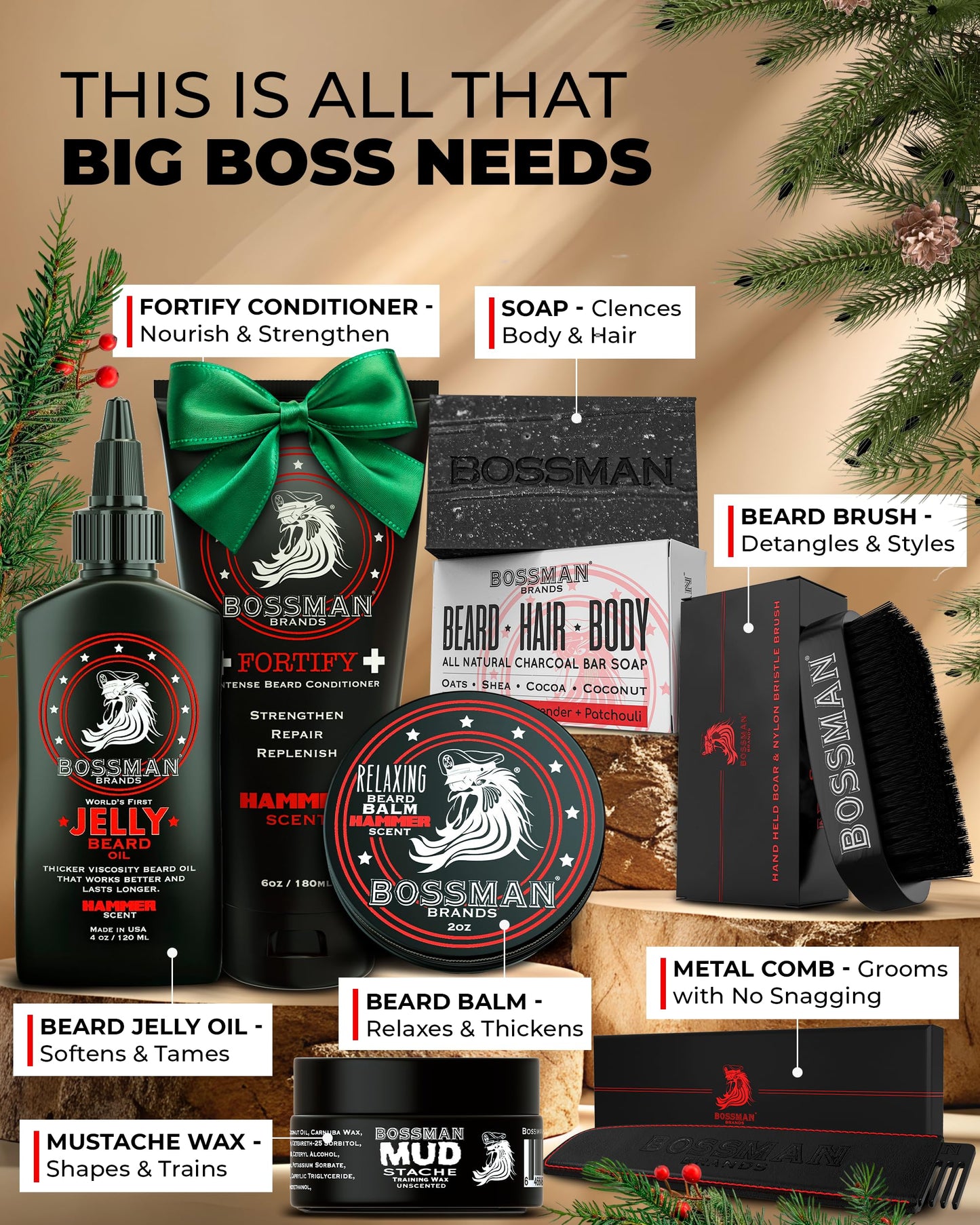 Bossman Big Boss Beard Care Kit for Men - Gifts for Dads, 7 Piece Beard Grooming Kit w/Jelly Beard Oil, Beard Conditioner, Beard Balm, MUDstache Wax, Bar Soap, Shower Brush, Oval Brush (Hammer)