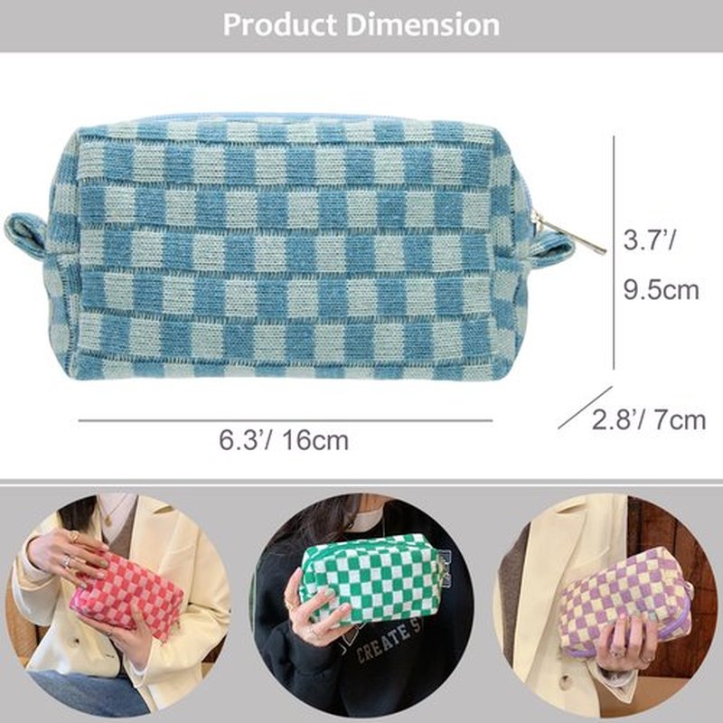 PAZIMIIK Checkered Makeup Bag for Purse Portable Zipper Make Up Pouch Small Cosmetic Case for Travel Accessories Lake Blue