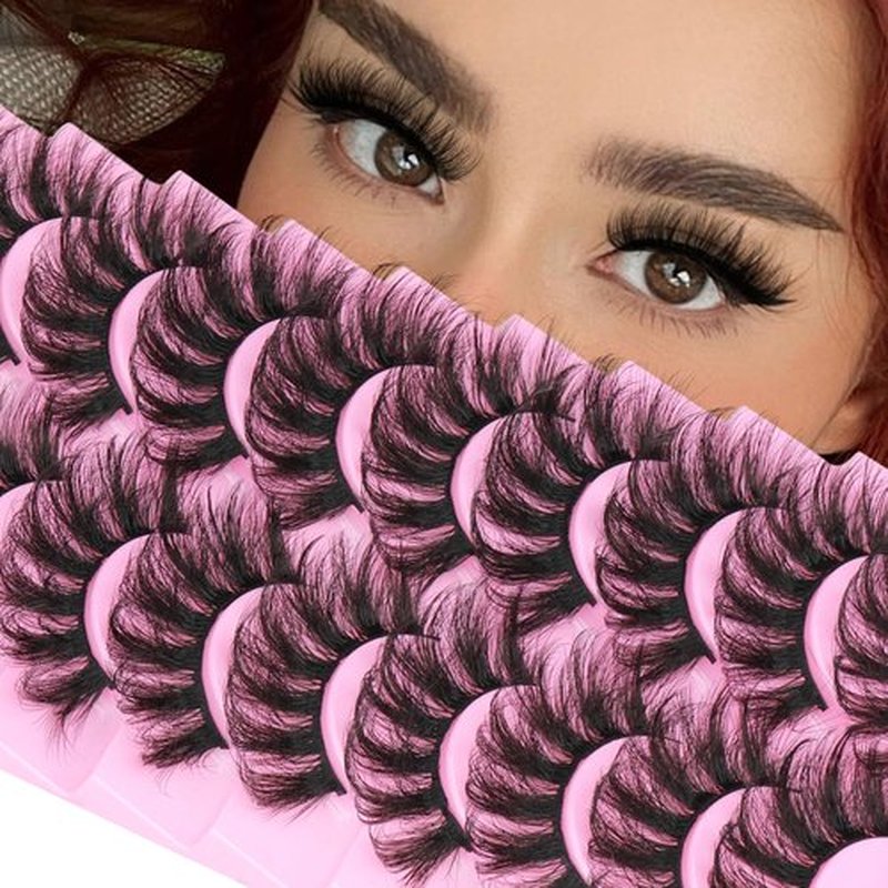 Fluffy Mink Lashes Pack False Eyelashes 6D Volume Wispy Fake Lashes Strip Curly Mink Eyelashes by TNFVLONEINS-10 Pairs