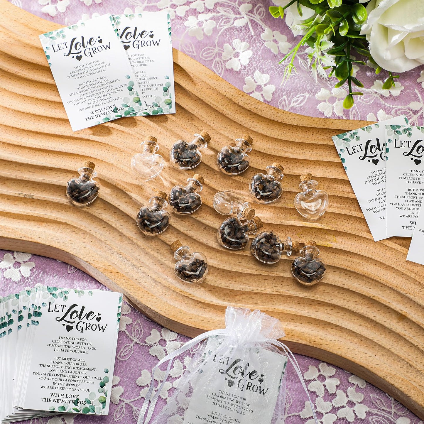 Jinei 300 Pcs Let Love Grow Wedding Favors for Guests includes 100 Small Glass Bottles with Cork Stopper 100 Wedding Thank You Cards and 100 Organza Bags, No Seeds(Heart Shape)