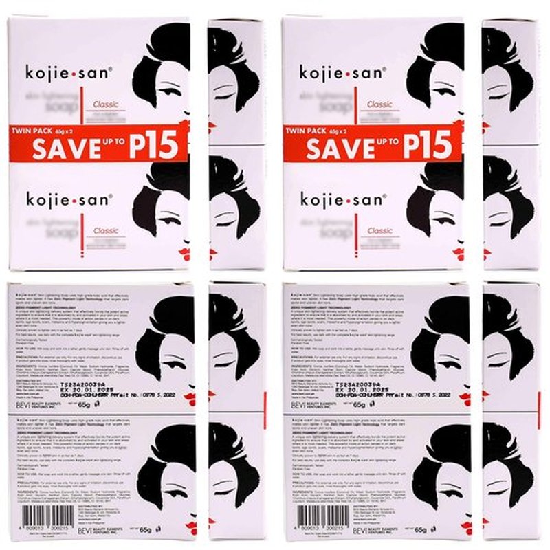 Kojie San Skin and Body Soap – Original Kojic Acid, Dark Spot Remover Soap Bar with Coconut & Tea Tree Oil – 65g x 4 Bars
