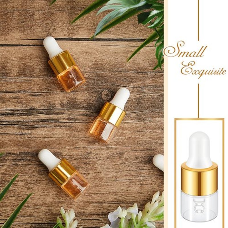 Didaey 100 Pcs Mini Glass Dropper Bottle Bulk, 1 ml Gold Clear Essential Oil Dropper Bottles Small Tincture Empty Bottles Sample Containers Perfume Liquid Vials with Cap for Traveling