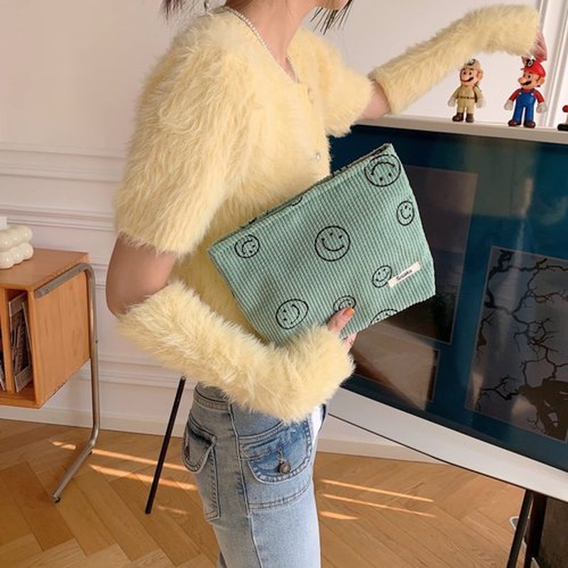 Cosmetic Bags for Women - Corduroy Cosmetic Bag Aesthetic Women Handbags Purses Smile Dots Makeup Organizer Storage Makeup Bag Girls Case Bags (Green)