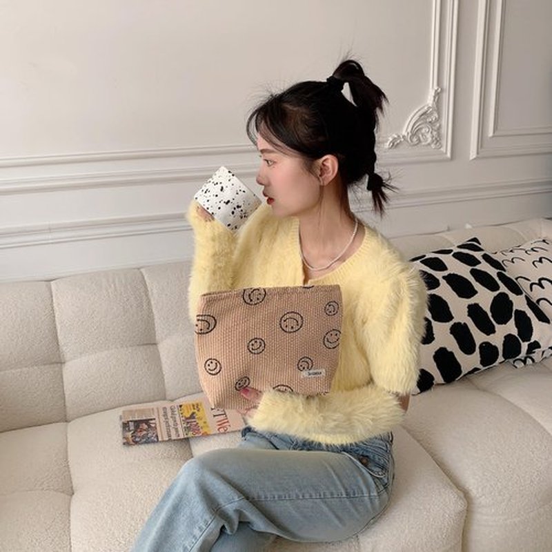 Cosmetic Bags for Women - Corduroy Cosmetic Bag Aesthetic Women Handbags Purses Smile Dots Makeup Organizer Storage Makeup Bag Girls Case Bags (Khaki)