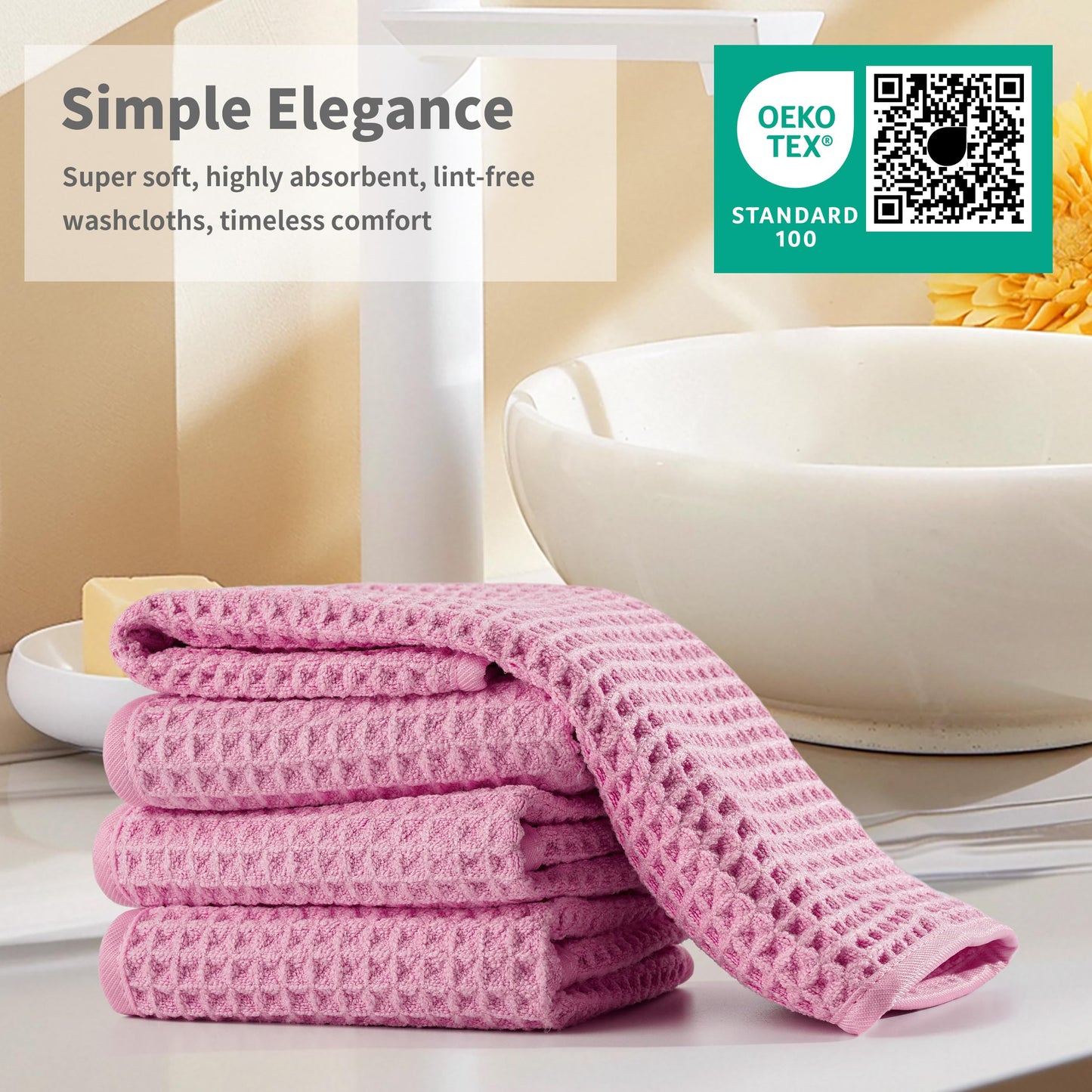 Microfiber Waffle Face Towels, 4 Pieces, Soft, Absorbent, Fast Drying, Lint Free 430 GSM (Pink)