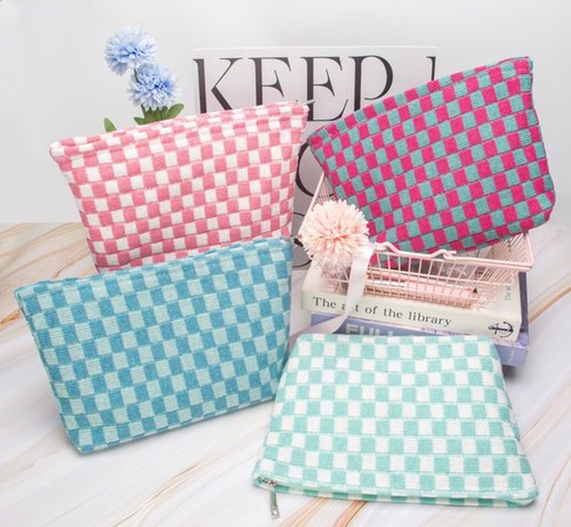 PAZIMIIK Knitted Checkered Makeup Bag Large Zipper Make Up Accessory Pouch for Purse Cosmetic Brush Bag for Travel Essential Arctic Blue
