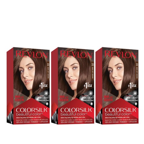 Revlon Permanent Hair Color, Permanent Hair Dye, Colorsilk with 100% Gray Coverage, Ammonia-Free, Keratin and Amino Acids, 33 Dark Soft Brown, 4.4 Oz (Pack of 3)