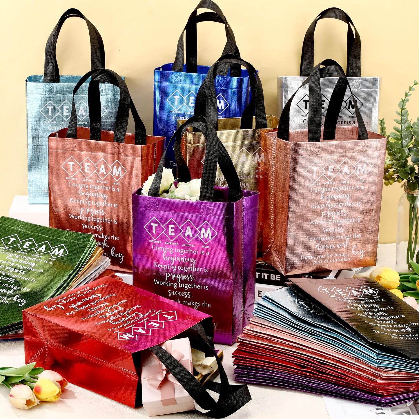 Sweetude Team Employee Appreciation Gifts Bags Reusable with Handles Gift Bags Teacher Appreciation Gift Bag for Staff Office Coworker Team Building(10 Colors,50pcs)