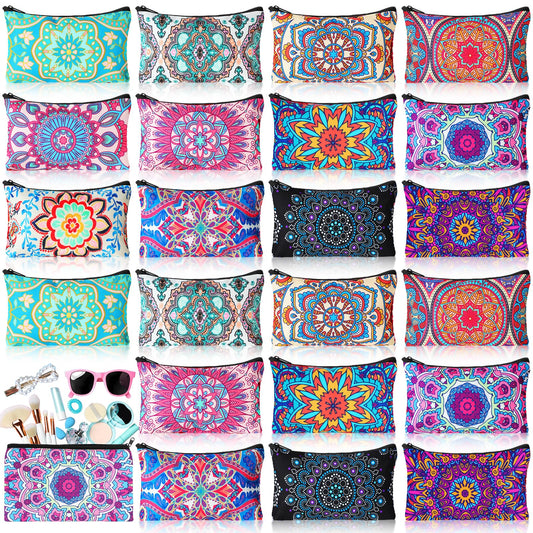 SilTriangle 24 Pieces Makeup Bags Bulk Canvas Cosmetic Bags Purse Organizer Zipper Cosmetic Pouch Portable Travel Toiletry Pouch for Women Men Gifts, 7 x 4 Inch (Mandala)