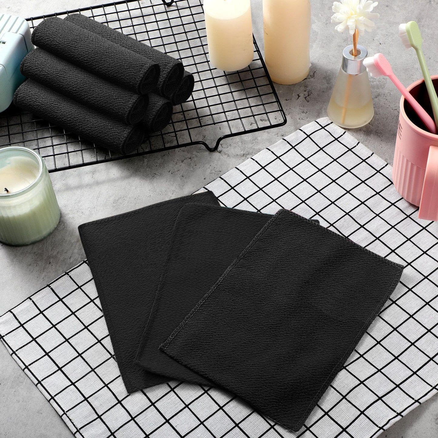 Tatuo 12 Pack Korean Exfoliating Mitt & Cloth, Viscose Rayon Dead Skin Remover Washcloth, Multi Color Body Scrub Towel for Shower Spa Travel(Large,Black)