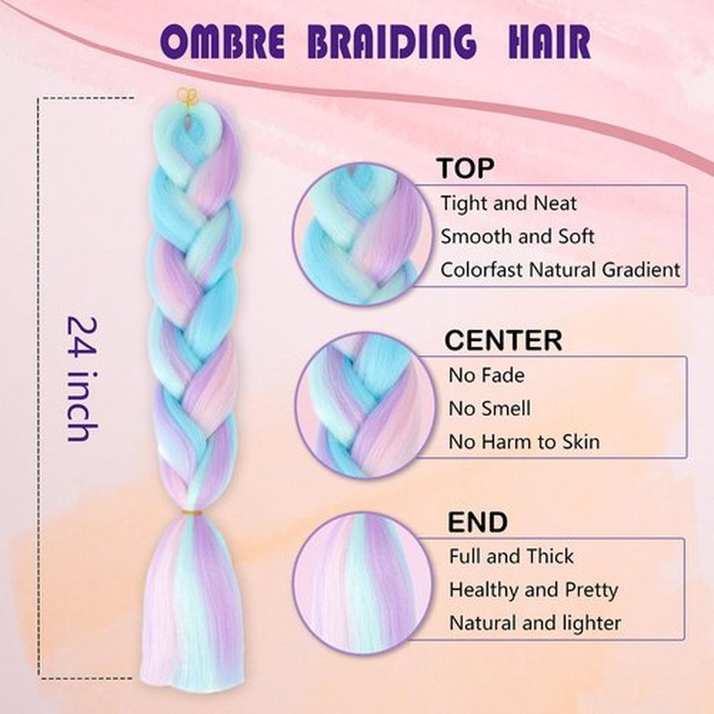 Ombre 4 Colors Mix Braiding Hair 3pcs Extensions Jumbo Hair Rainbow Color Colorful Twist Braid wigs Dreadlocks ( Pink /Purple/Green/Blue/ Light Cyan) (Lot 24Inch)