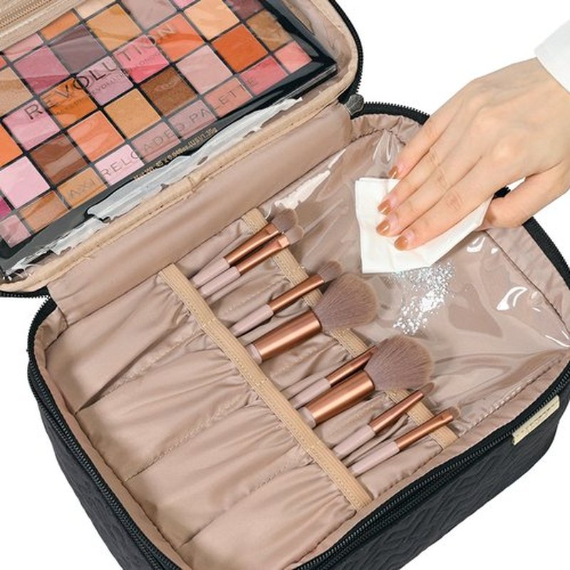 NISHEL Large Double Layer Travel Makeup Bag Women, Large Cosmetic Case, Organizer for Travel-Size Accessories Bottles, Brushes, Conditioner, and Skin Care Products, Black