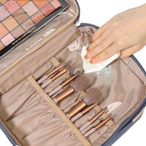 NISHEL Large Double Layer Travel Makeup Bag Women, Large Cosmetic Case, Organizer for Travel-Size Accessories Bottles, Brushes, Conditioner, and Skin Care Products, Rose-wood Pink