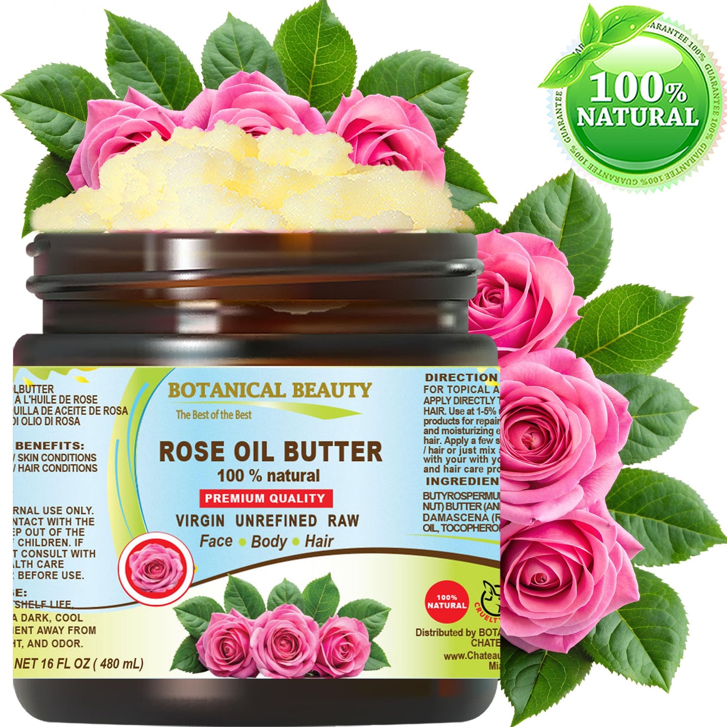 Botanical Beauty ROSE OIL BUTTER 100% Natural Rose Essential Oil in Shea Nut Butter for FACE SKIN BODY HAIR NAILS Beauty Skin Moisturizer Oil Butter Skin Nourishing (16 Fl Oz 480 ml)
