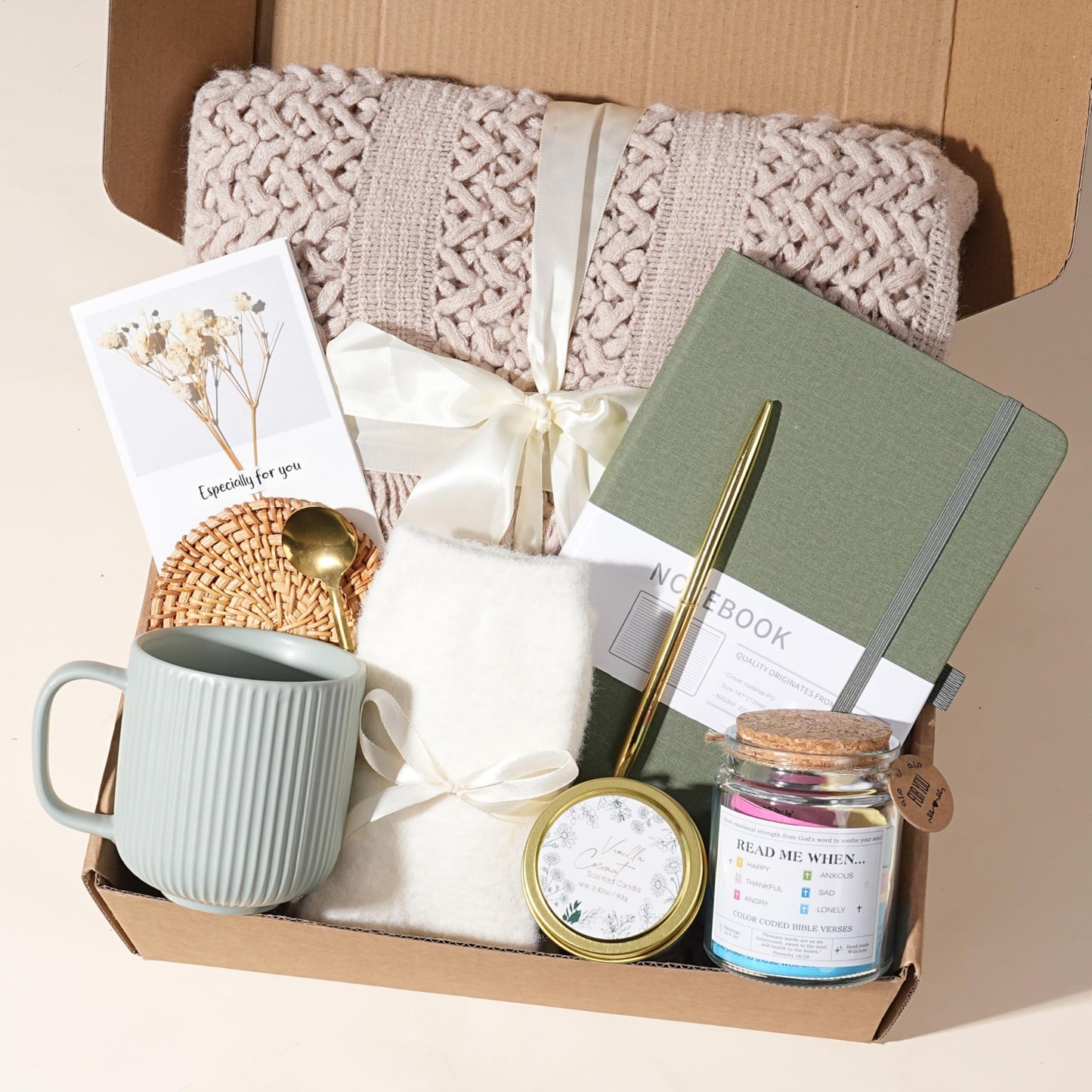 GreenPastures Self Care Gifts for Women, Get Well Soon Baskets, Spa Gift Basket Care Package with Blanket Mug Lavender Scented Candle Bible Verse Jar, Birthday Gifts for Mom Friend Sister