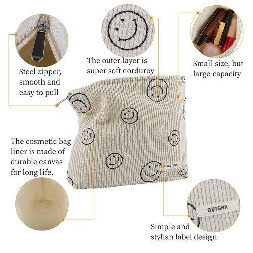 GUTGNK Makeup bag for Women, Corduroy Cosmetic Bag Aesthetic Design Ladies Tote Bag,Cute Smiley Face Makeup Organizer with Zipper - Brown