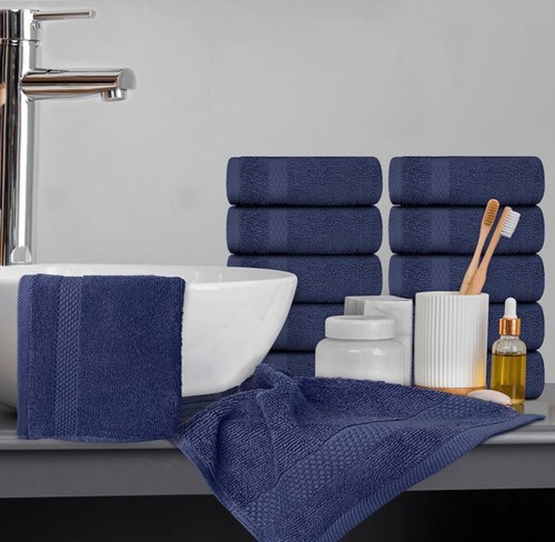 White Classic Luxury Cotton Washcloths - Hotel Spa Bathroom Face Towel | 12 Pack | Navy Blue