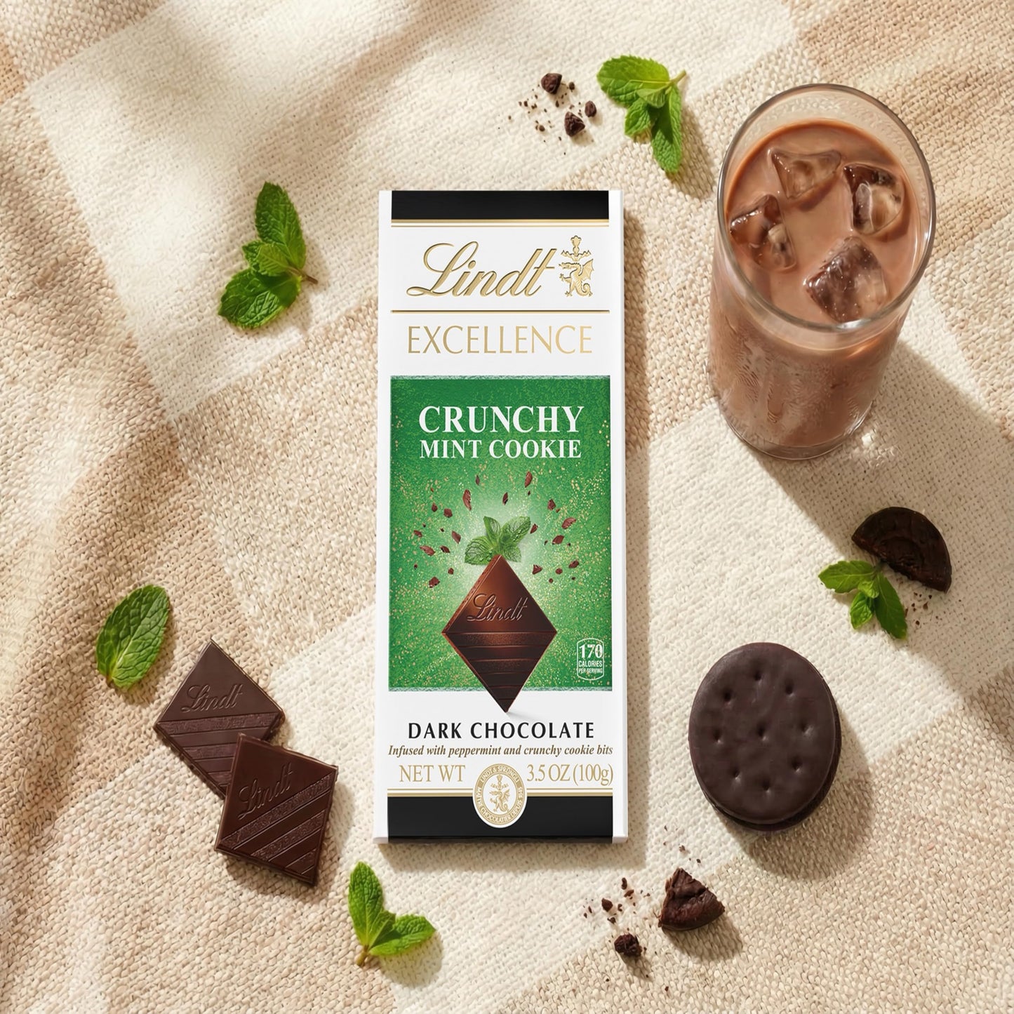 New Lindt EXCELLENCE Crunchy Mint Cookie Dark Chocolate Candy Bar, 3.5 oz., 12 Pack