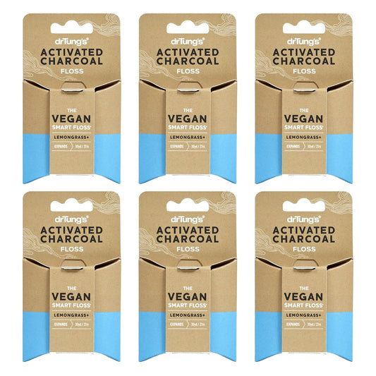 DrTung's Vegan Activated Charcoal Floss - Natural Floss, PTFE & PFAS Free Floss, Gentle on Gums, Expands & Stretches, BPA Free Floss - Natural Dental Floss Lemongrass Flavor (Pack of 6)