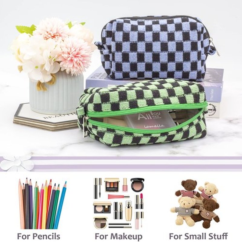 PAZIMIIK Checkered Makeup Bag for Purse Portable Zipper Make Up Pouch Small Cosmetic Case for Travel Accessories (2PCS Green Blue)